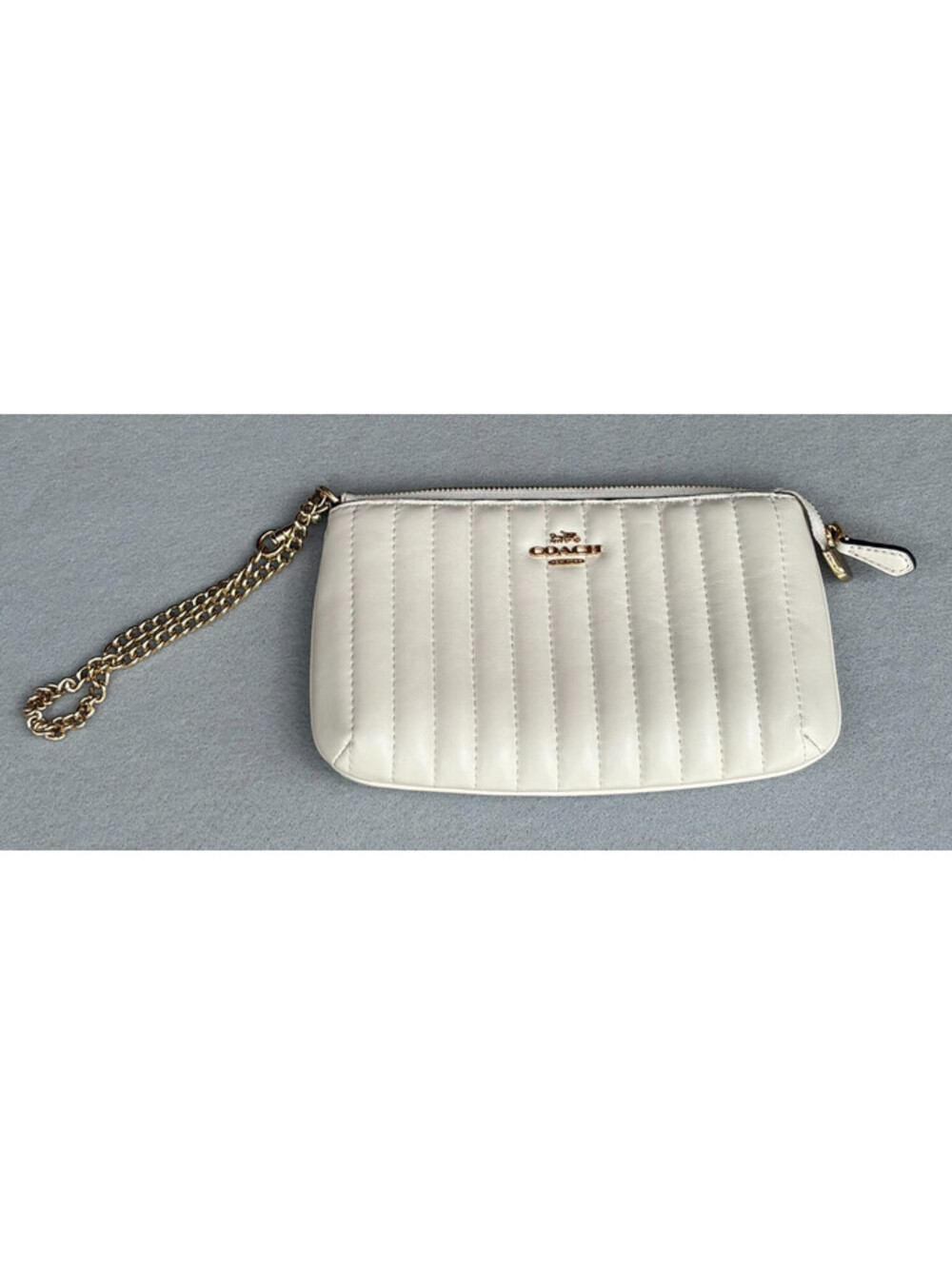 Coach 2956 Large Linear Quilted Leather Wristlet Chalk Gold Chain
